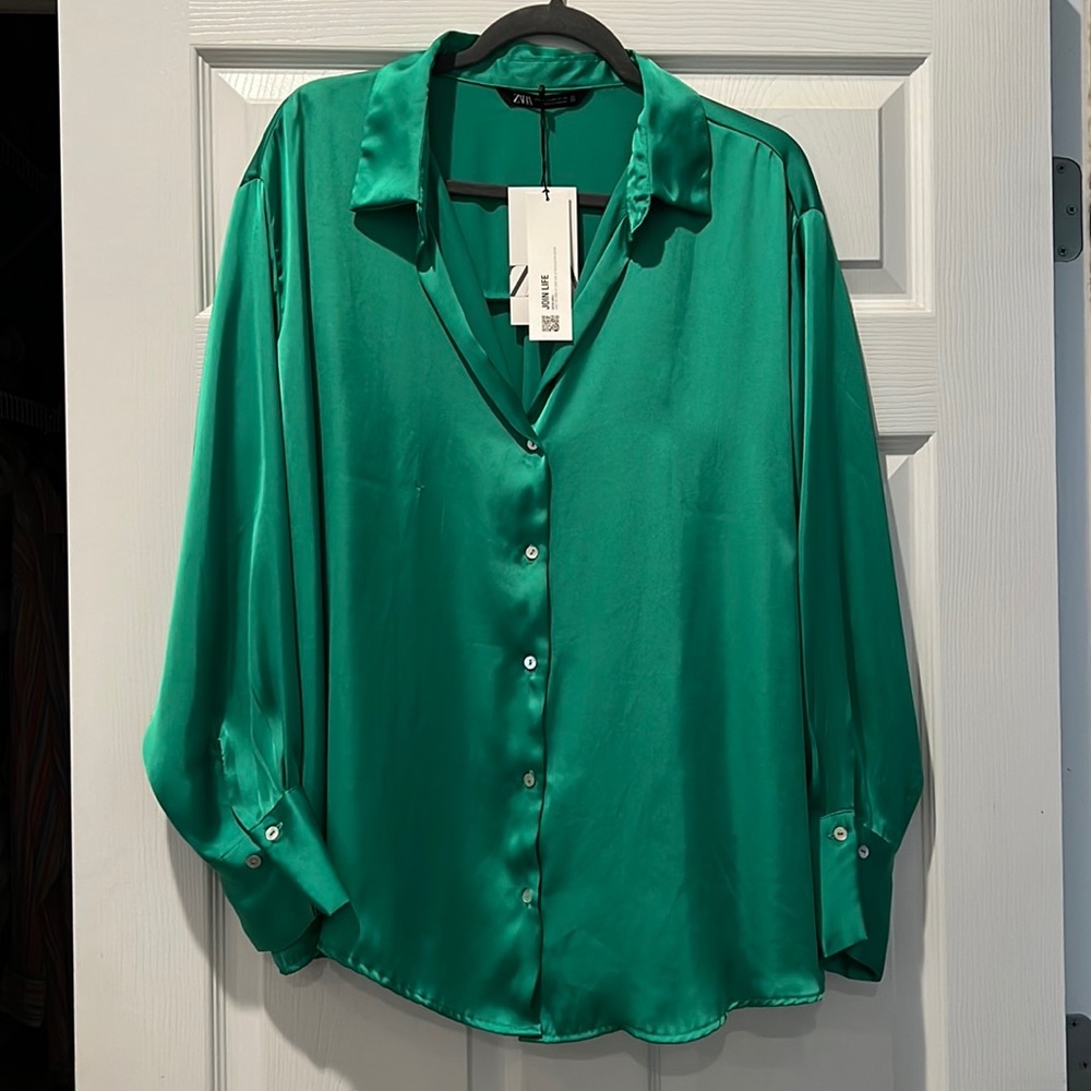 Zara green satin button down top NWT
